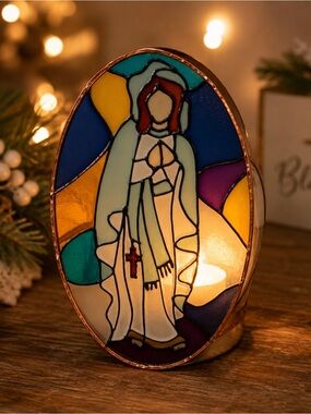 Roman Inc. Stained Glass Madonna Tea Light Candle Holder w/ Frosted Glass Votive